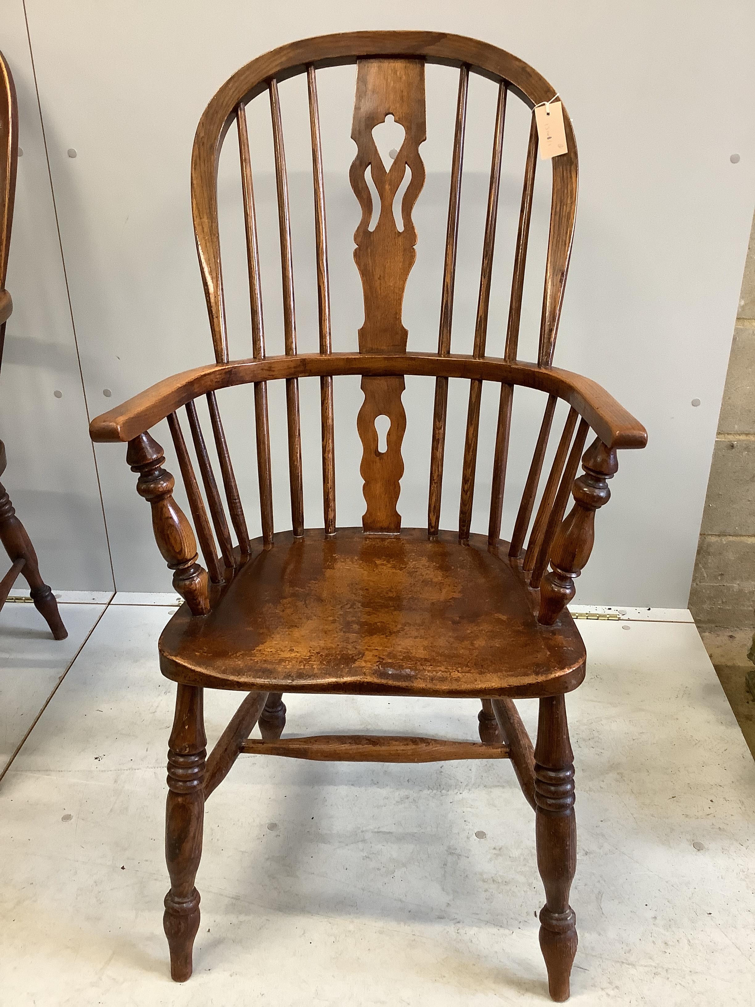 A set of six 19th century ash and elm Windsor armchairs with H stretchers and later leatherette squab seats, width 58cm, depth 38cm, height 116cm